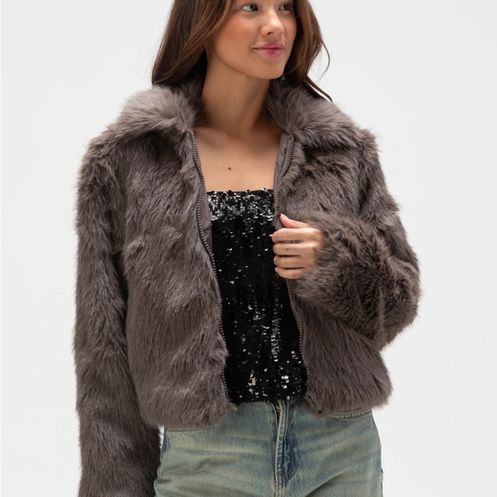 JJXX Tania Womens Faux Fur Jacket - Dark Gray